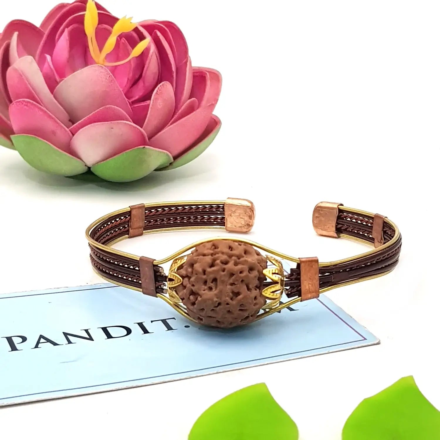 4 Mukhi Copper Rudraksha Bracelet with Brass Accents — main bead view showing mukhi (faces)