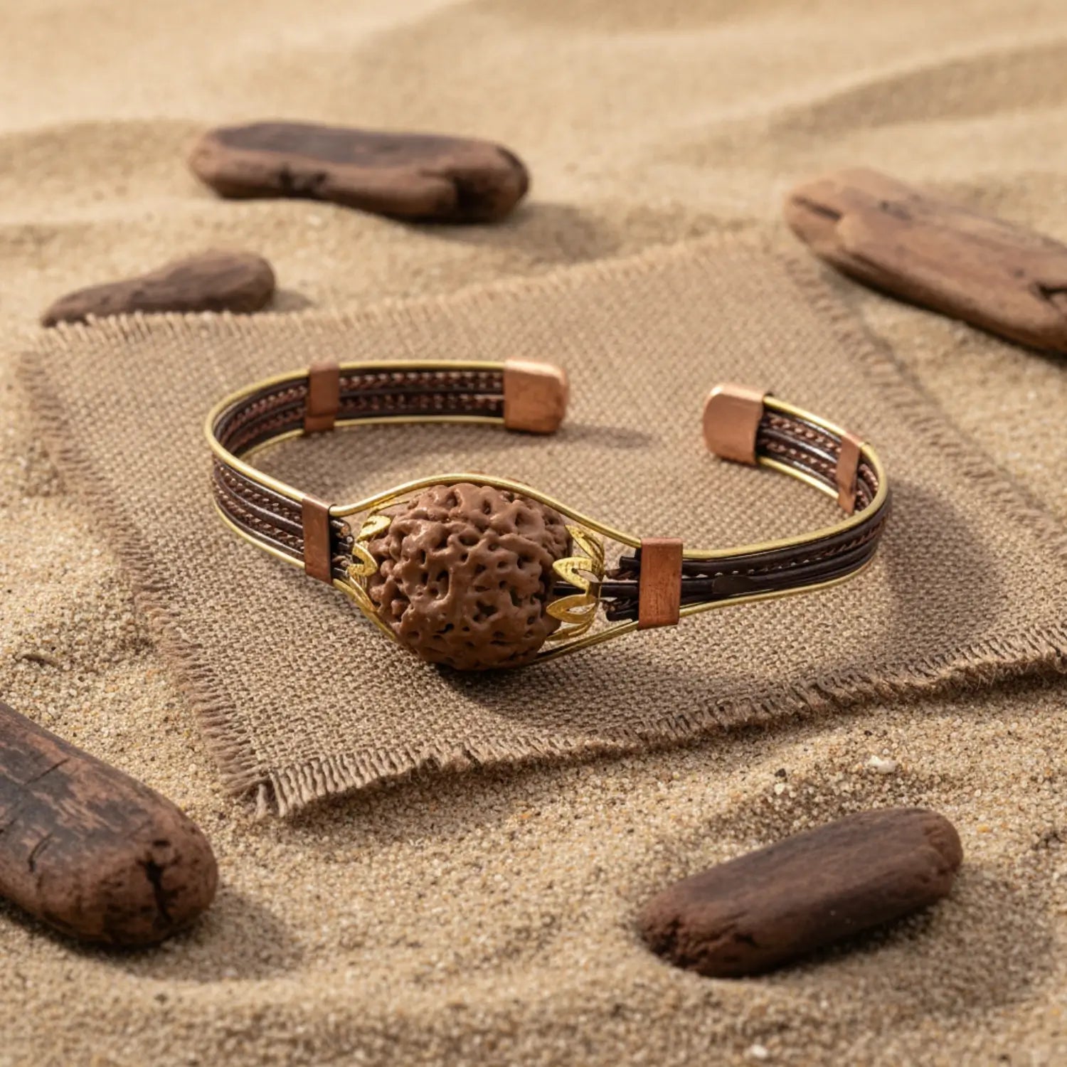4 Mukhi Copper Rudraksha Bracelet with Brass Accents — close-up macro showing surface texture and natural lines