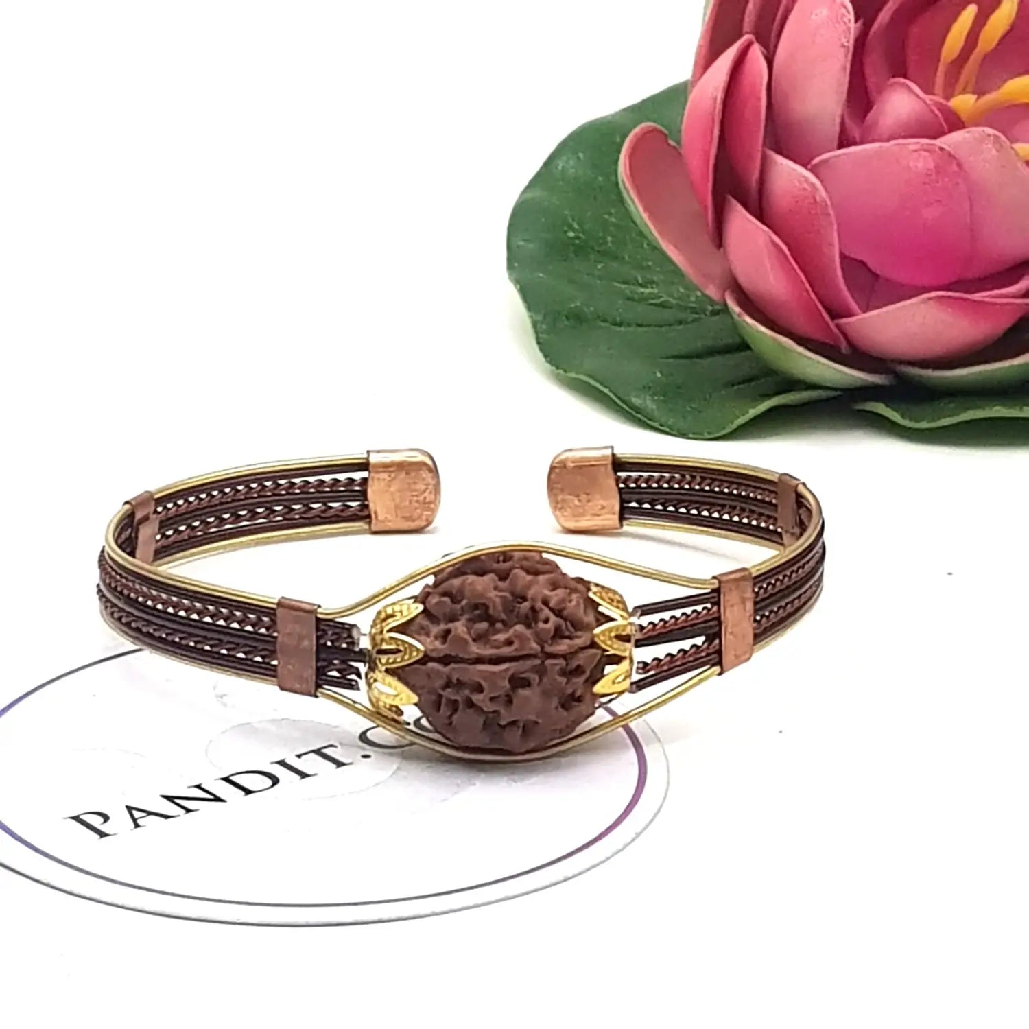 5 Mukhi Copper Rudraksha Bracelet with Brass Accents — main bead view showing mukhi (faces)