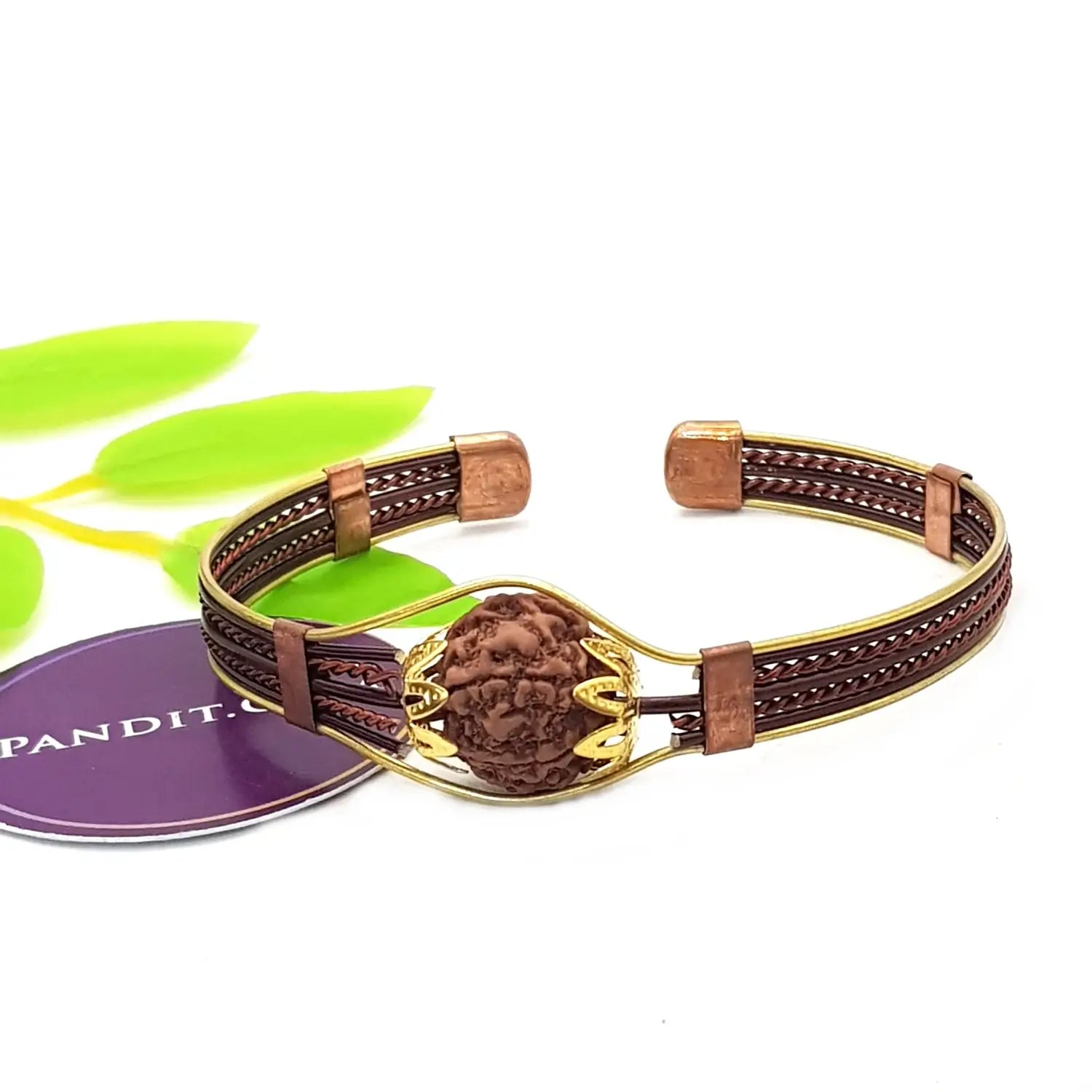 6 Mukhi Copper Rudraksha Bracelet with Brass Accents — main bead view showing mukhi (faces)