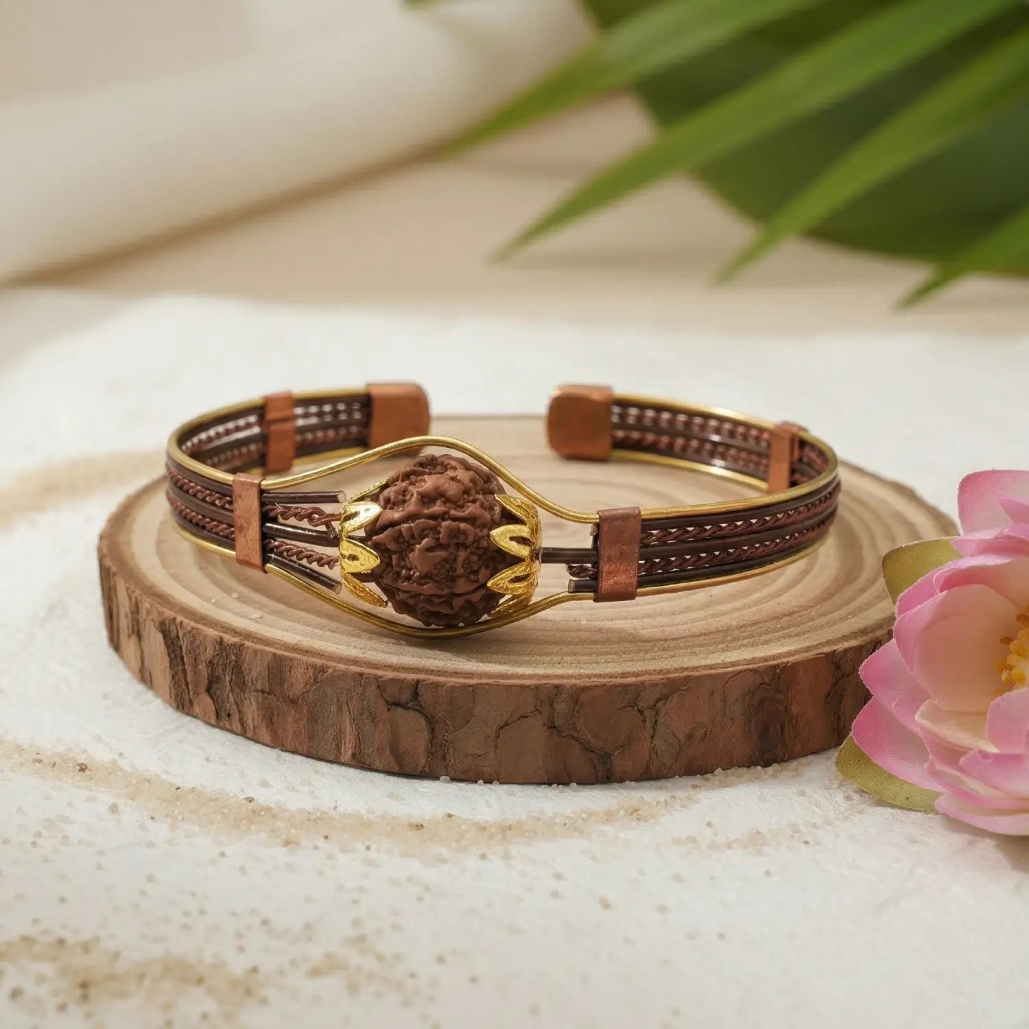6 Mukhi Copper Rudraksha Bracelet with Brass Accents — close-up macro showing surface texture and natural lines