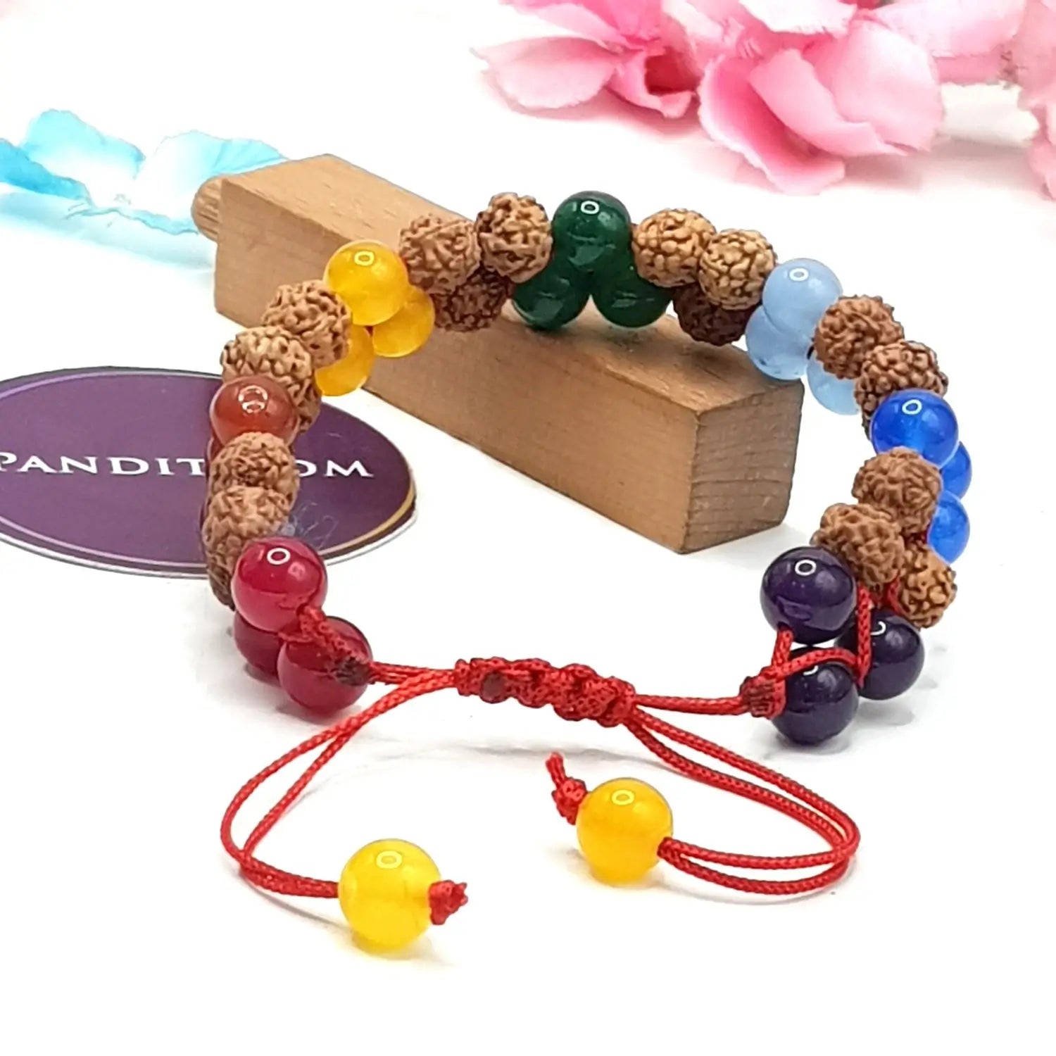 7 Chakra Bracelet With 5 Mukhi Rudraksha Beads — main bead view showing mukhi (faces)