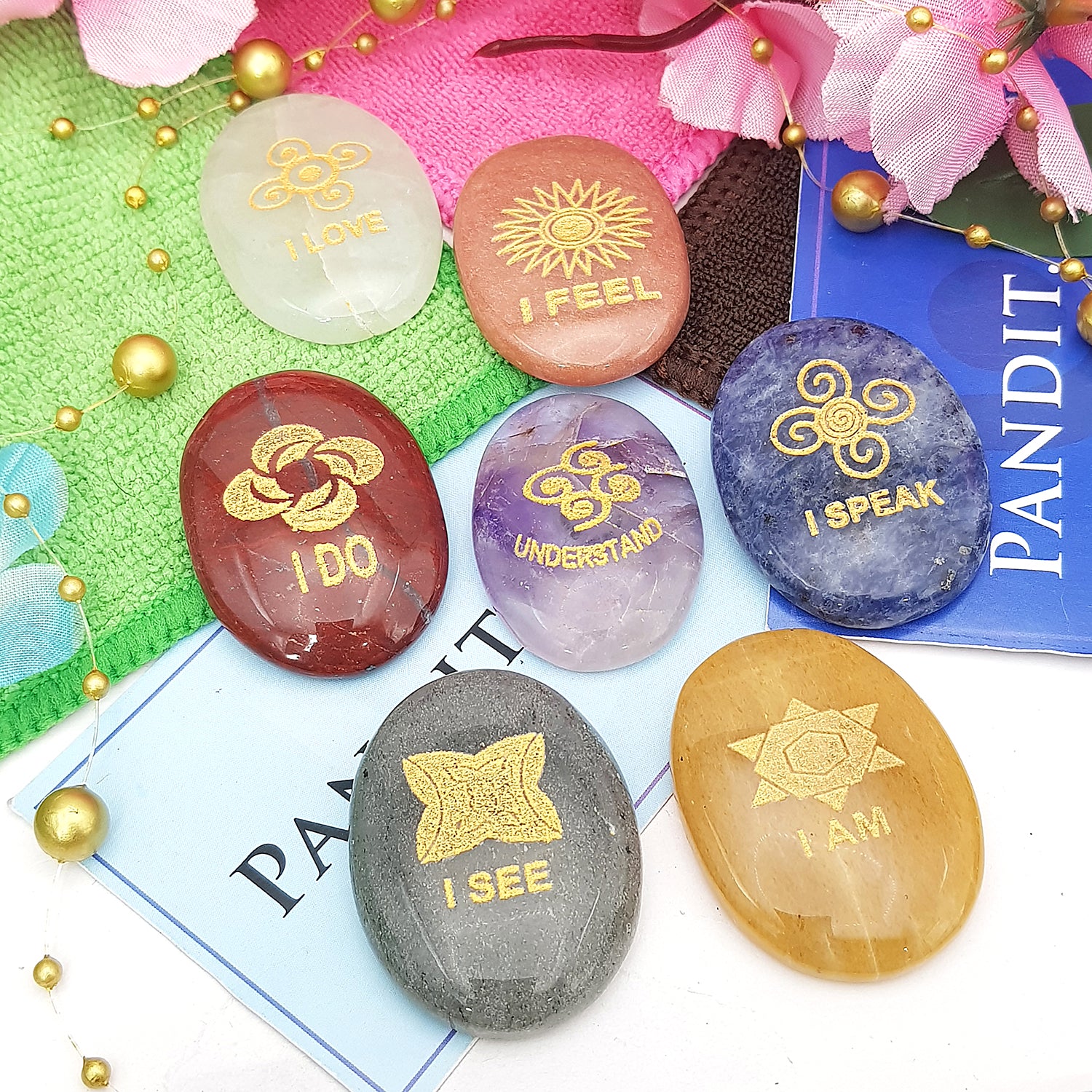 7 Chakra Stones Set With Switchwords Symbols