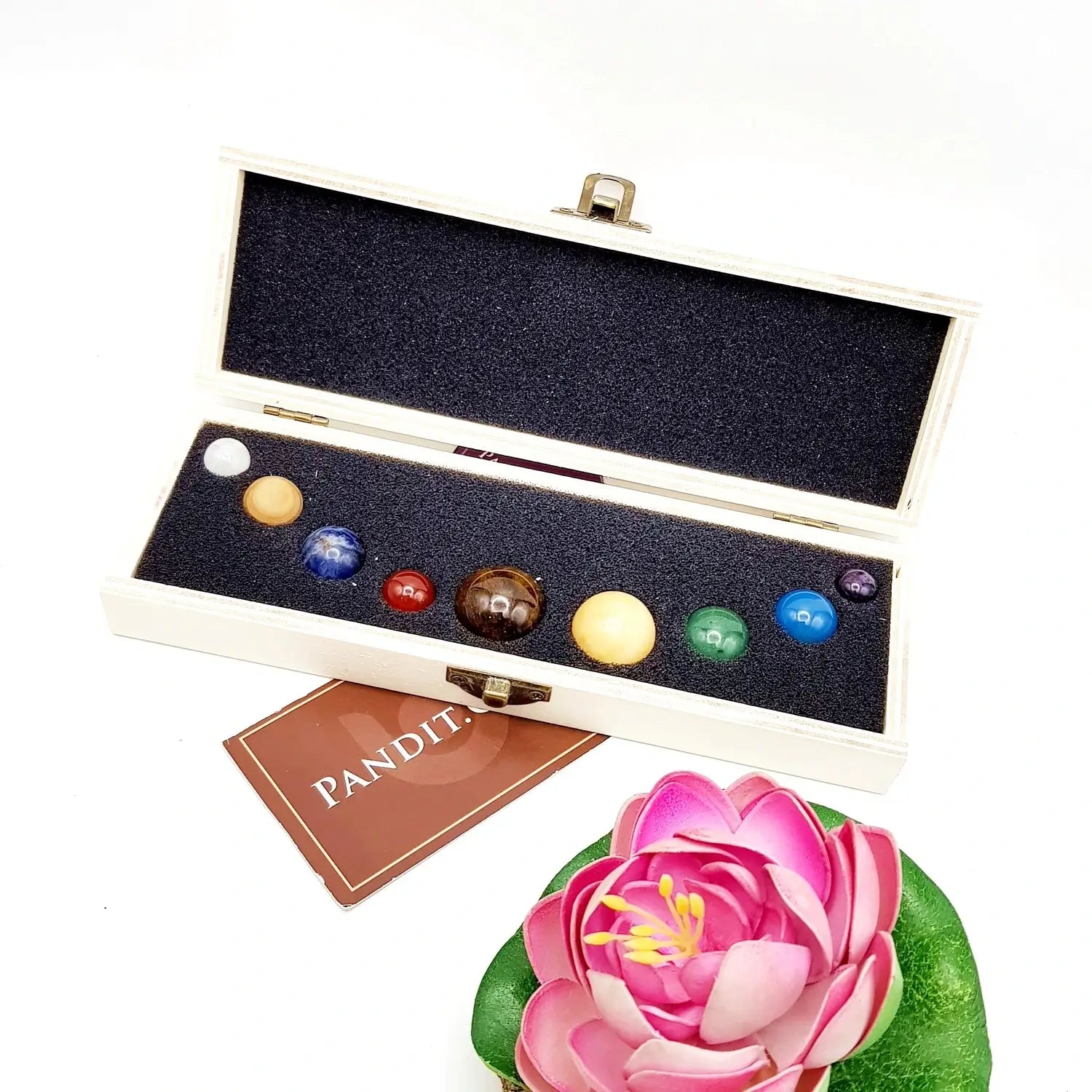 9 Planet Navgraha Crystal Sphere Set with Wooden Box