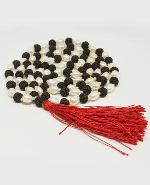 Black Rudraksha Mala with White Pearl Beads