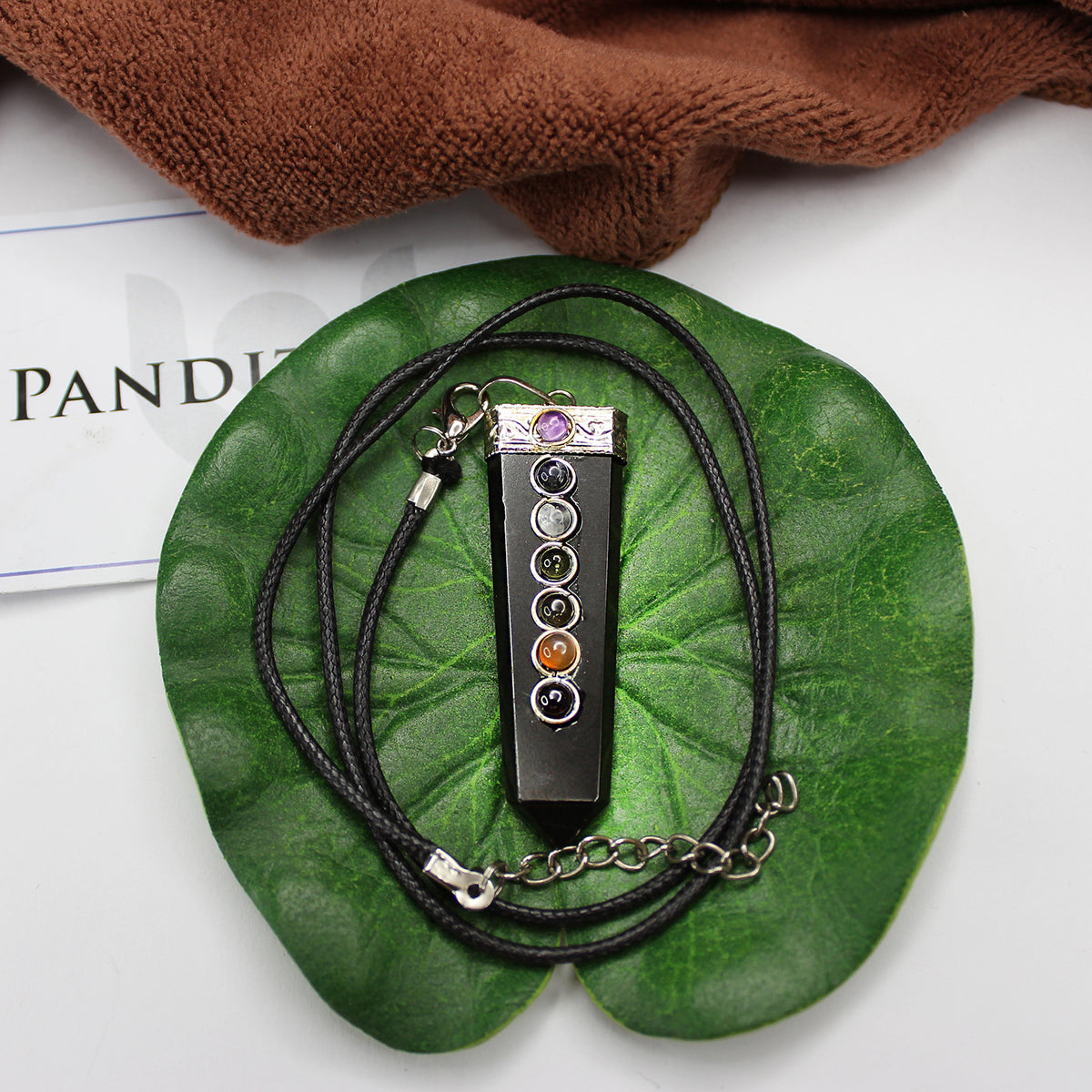 Black Tourmaline 7 Chakra Pencil Pendant — main pendant view