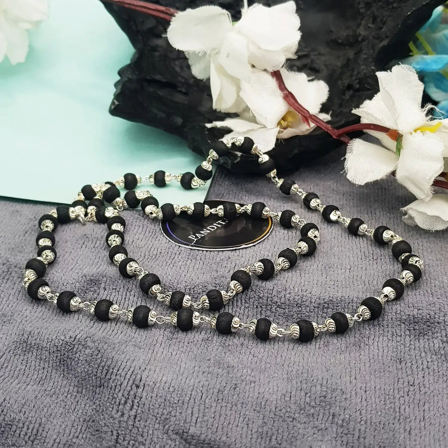 Black Tulsi Mala With Silver Capping