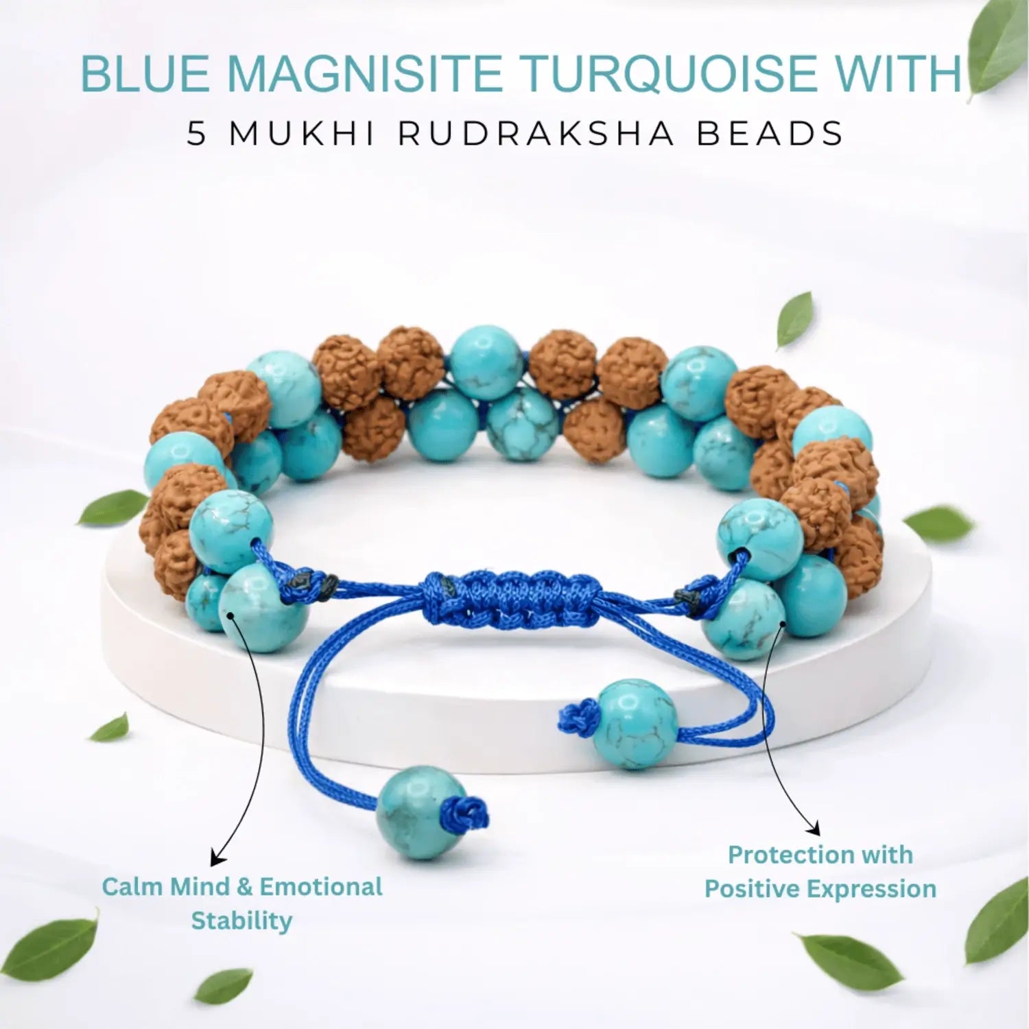 Blue Magnesite Turquoise Bracelet With 5 Mukhi Rudraksha Beads