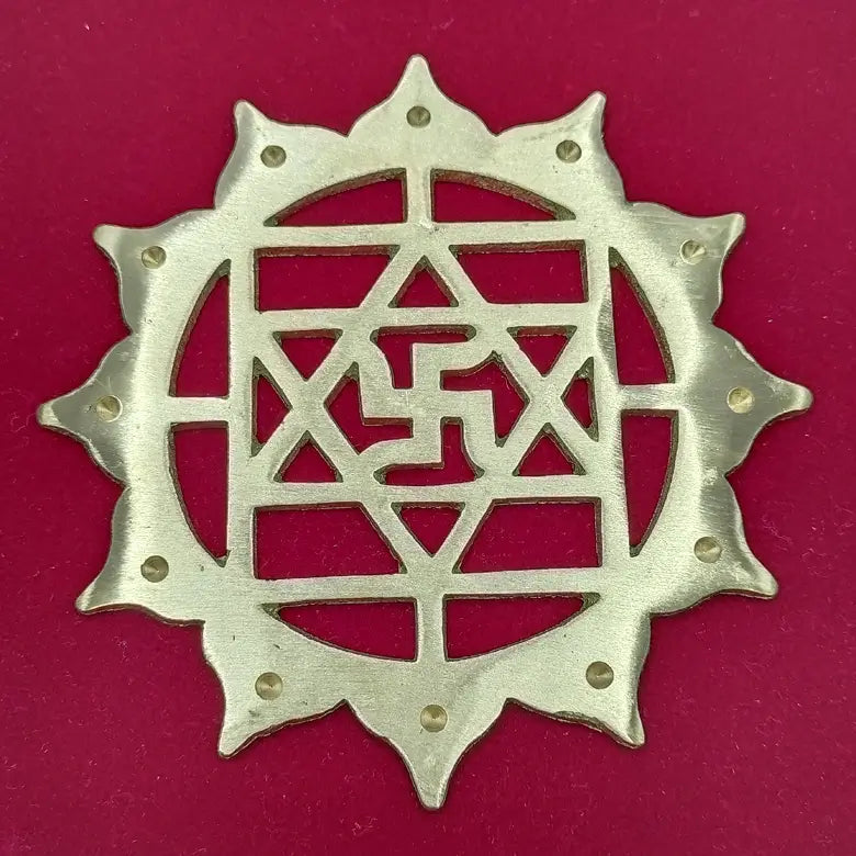 Brass Swastik with Lotus Flower Plate — close-up detail showing texture and craftsmanship