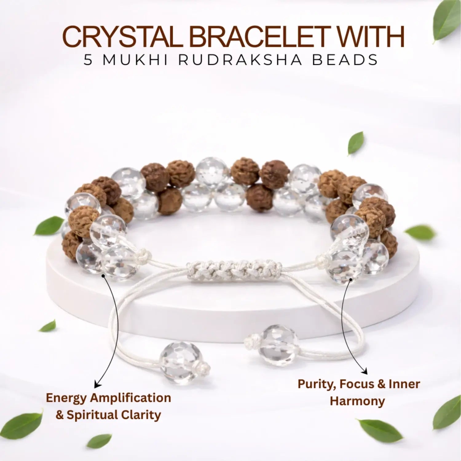 Crystal / Sphatik Diamond Cut Bracelet With 5 Mukhi Rudraksha Beads — close-up macro showing surface texture and natural lines