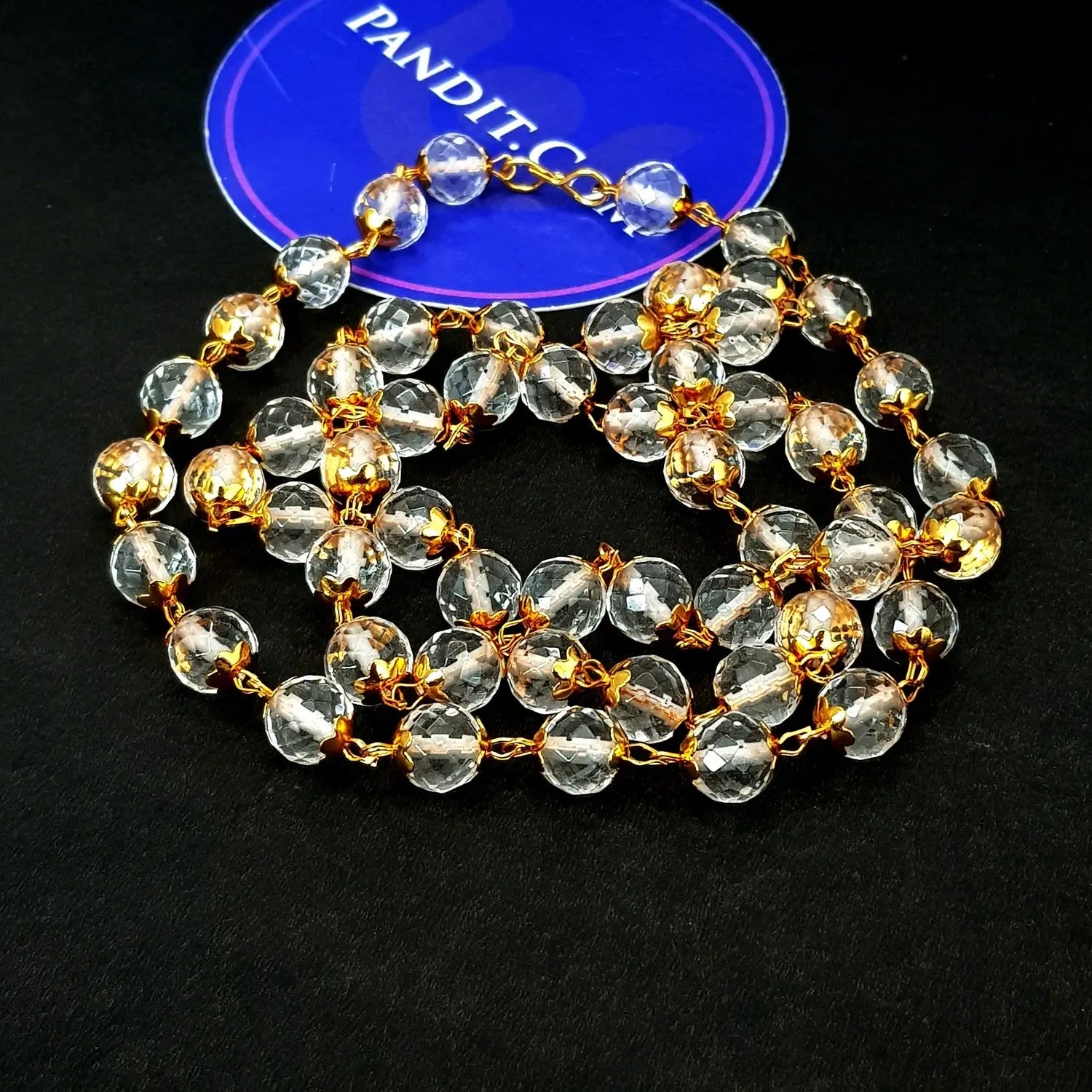 Crystal Sphatik Diamond Cut Mala With Golden Capping