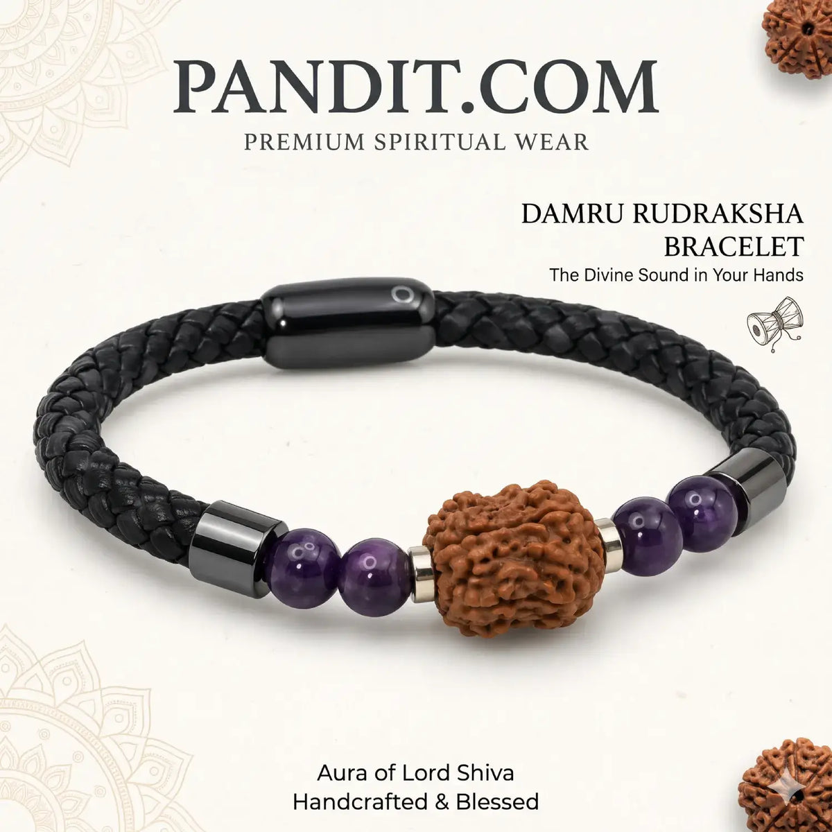 Damru Rudraksha Bracelet with Amethyst & Divine Fragrance