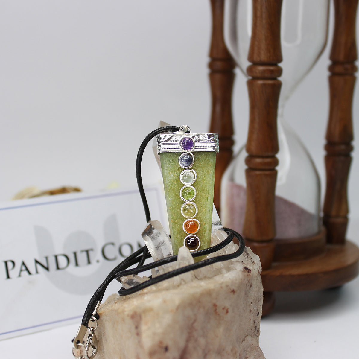 Green Aventurine 7 Chakra Pencil Pendant — close-up showing stone setting and detail