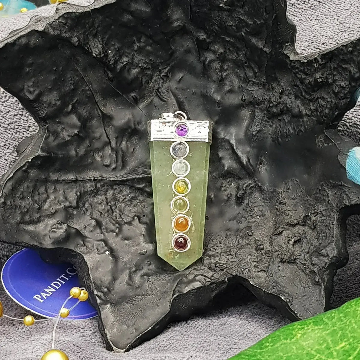 Green Aventurine 7 Chakra Pencil Pendant — main pendant view