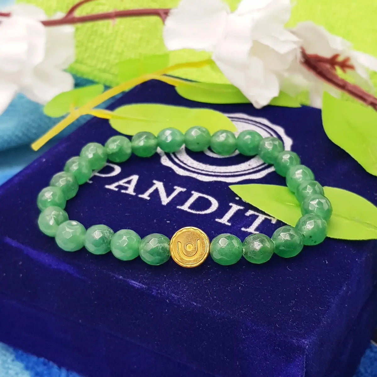 Green Aventurine Diamond Cut Bracelet — front view of bracelet showing beads and stringing