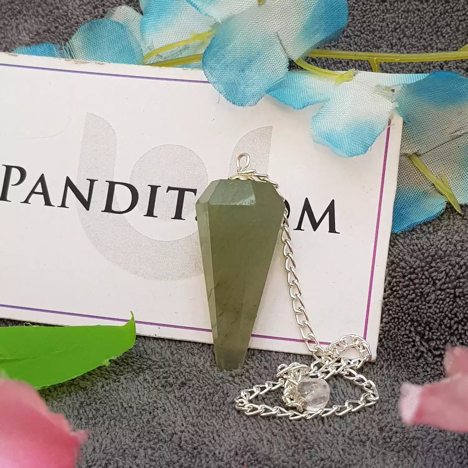 Green Aventurine Dowsing Pendulum — full pendulum with chain view