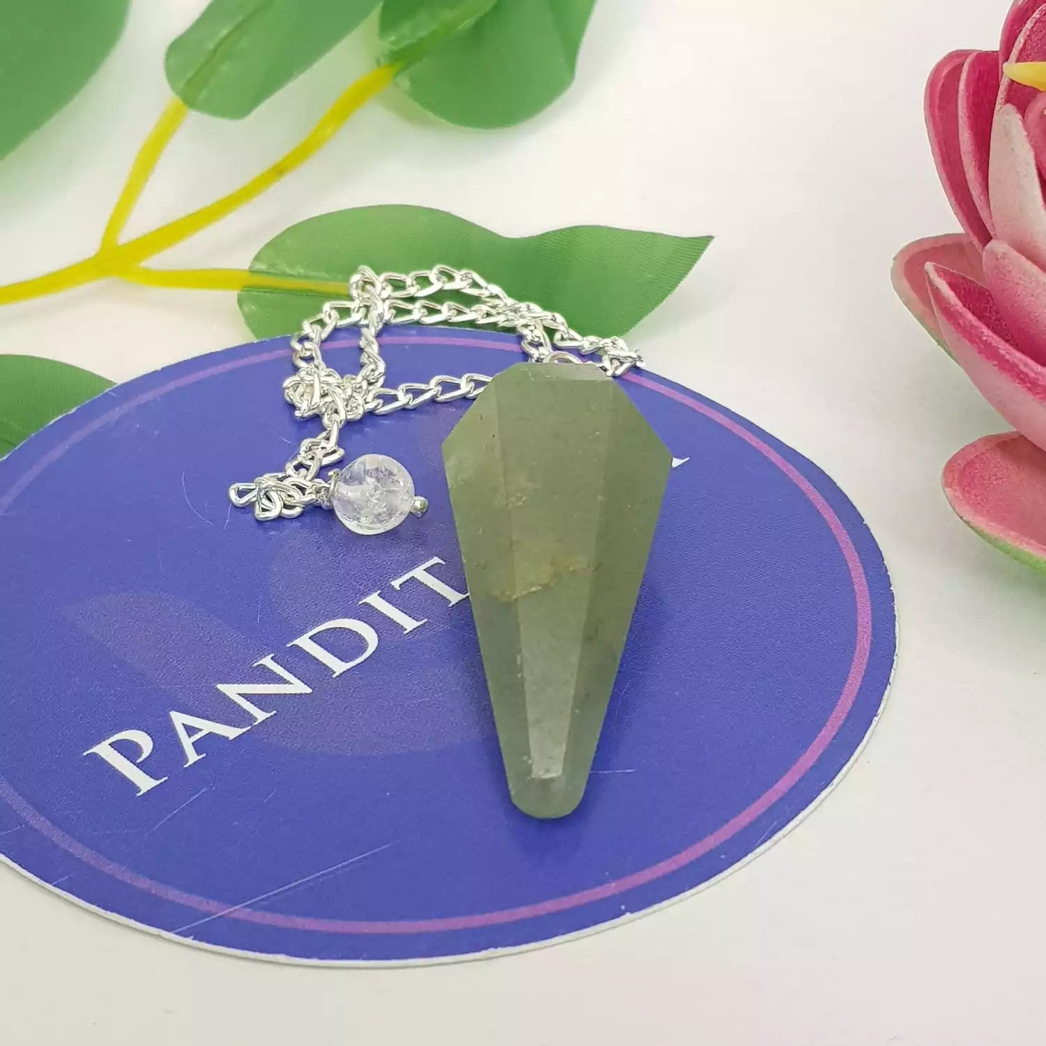 Green Aventurine Dowsing Pendulum — close-up of crystal point and faceting
