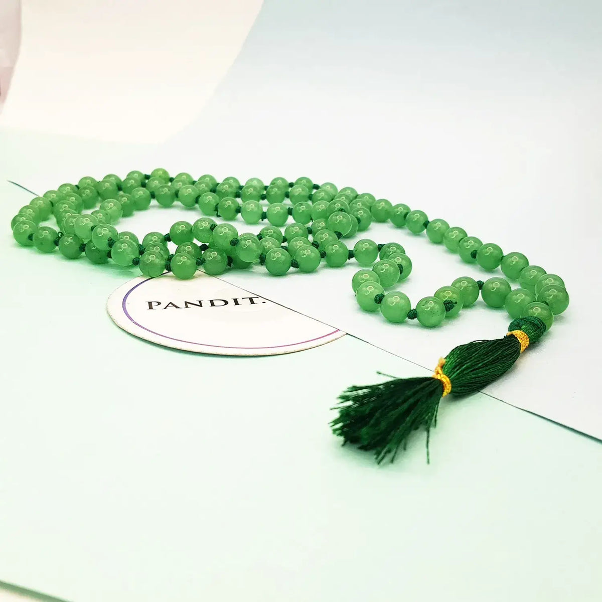 Green Aventurine Mala — close-up of guru bead and meru detail