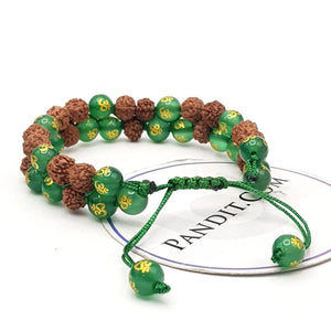 Green Onyx Om Bracelet With 5 Mukhi Rudraksha Beads — main bead view showing mukhi (faces)
