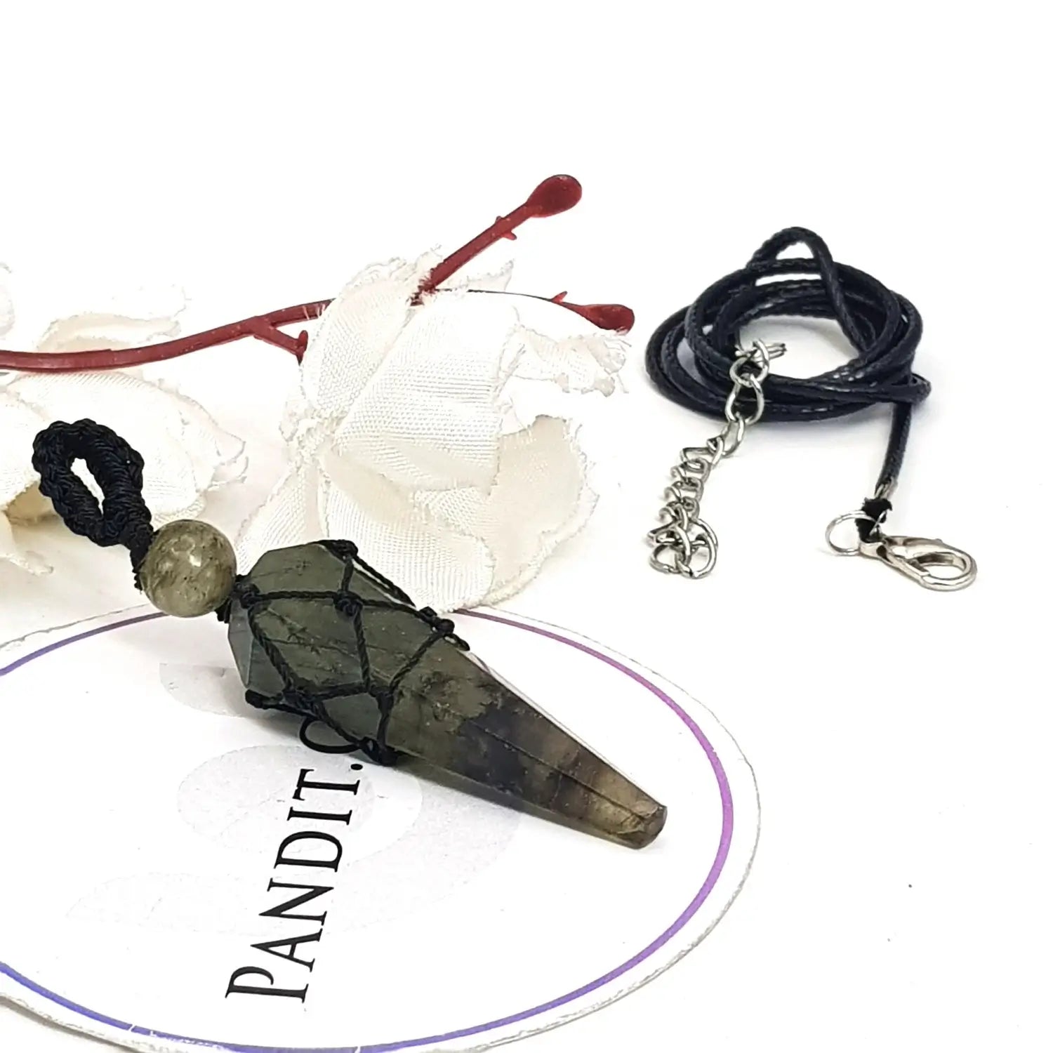Labradorite Dowsing Pendulum — full pendulum with chain view