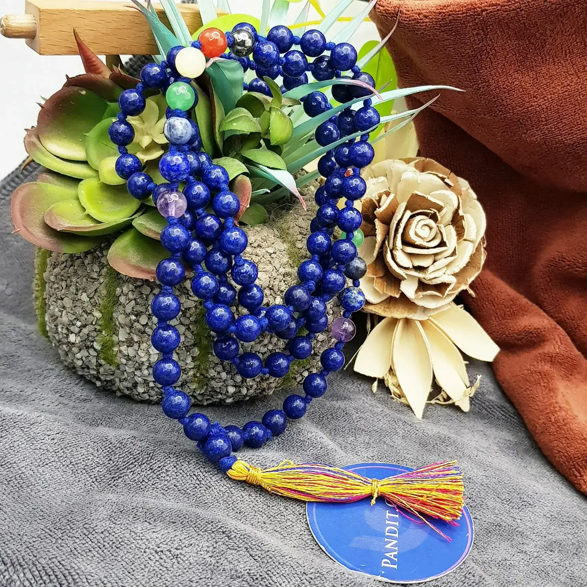 Lapis Lazuli 7 Chakra Mala — close-up of guru bead and meru detail