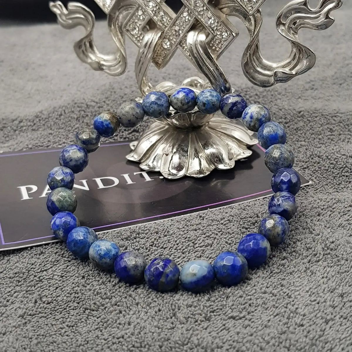 Lapis Lazuli Diamond Cut Bracelet — front view of bracelet showing beads and stringing