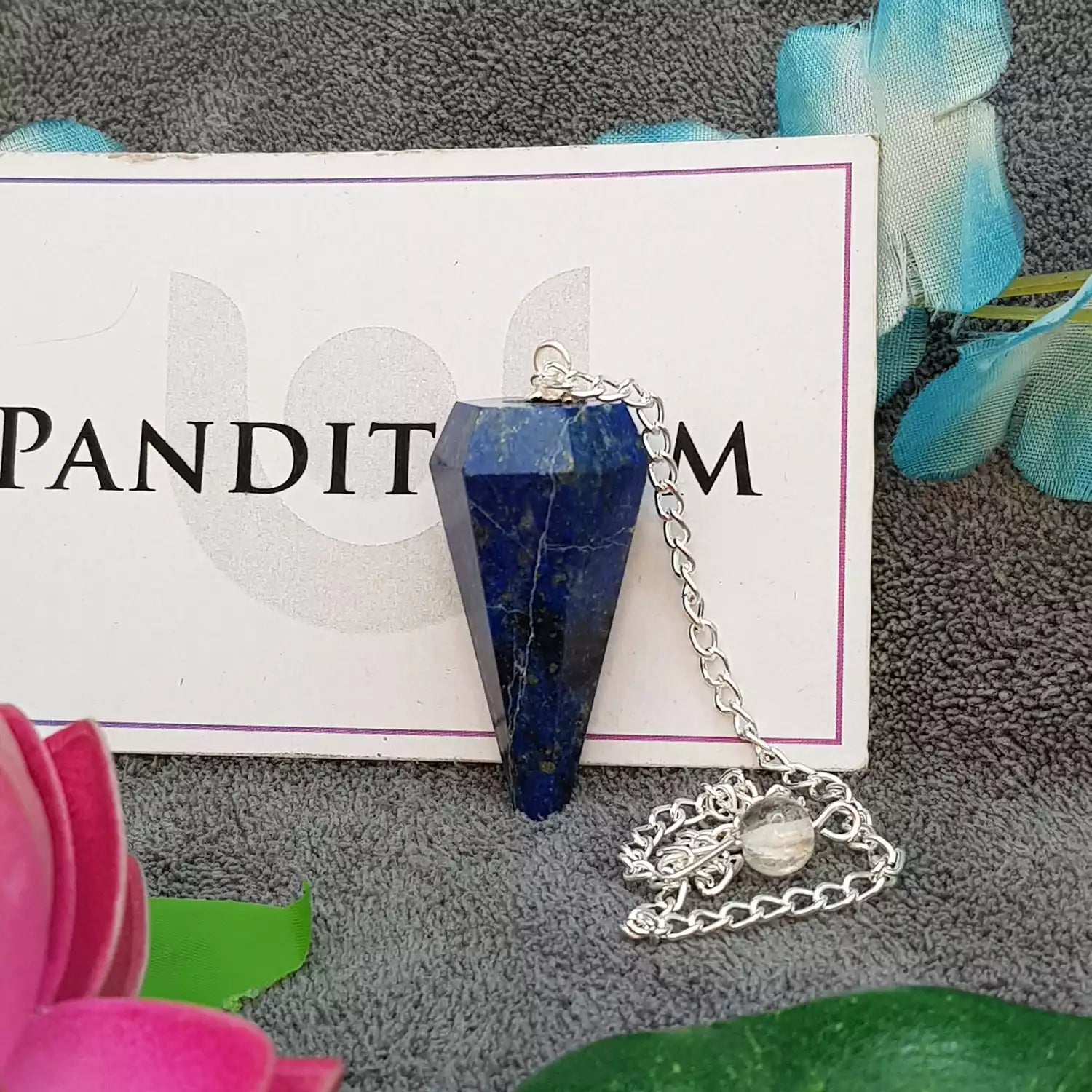 Lapis Lazuli Dowsing Pendulum — full pendulum with chain view