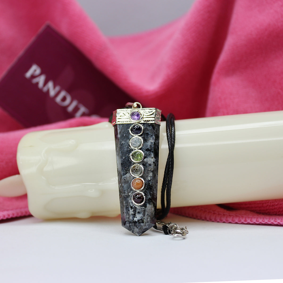 Larvikite 7 Chakra Pencil Pendant — close-up showing stone setting and detail