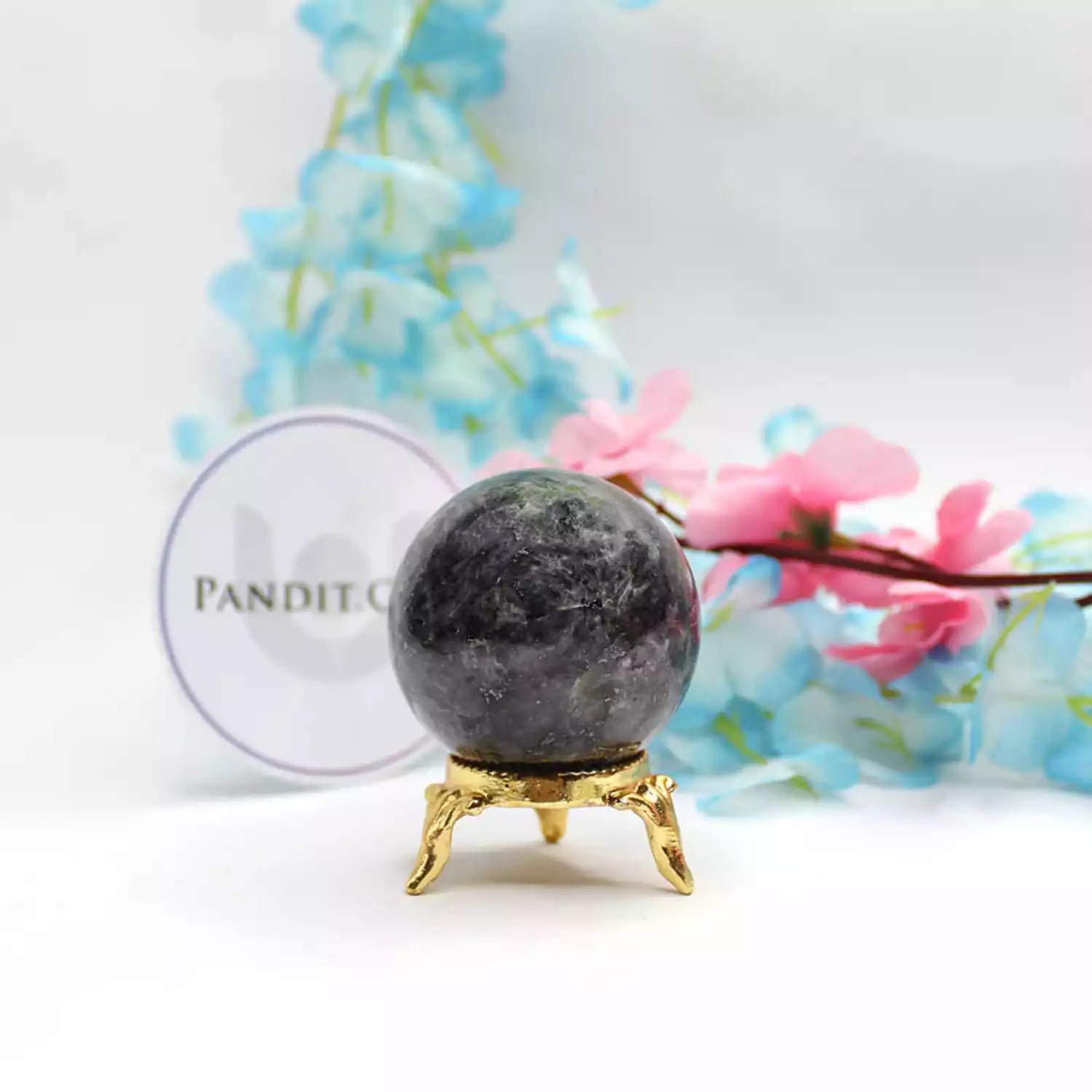 Larvikite Crystal Ball — full crystal ball view on stand