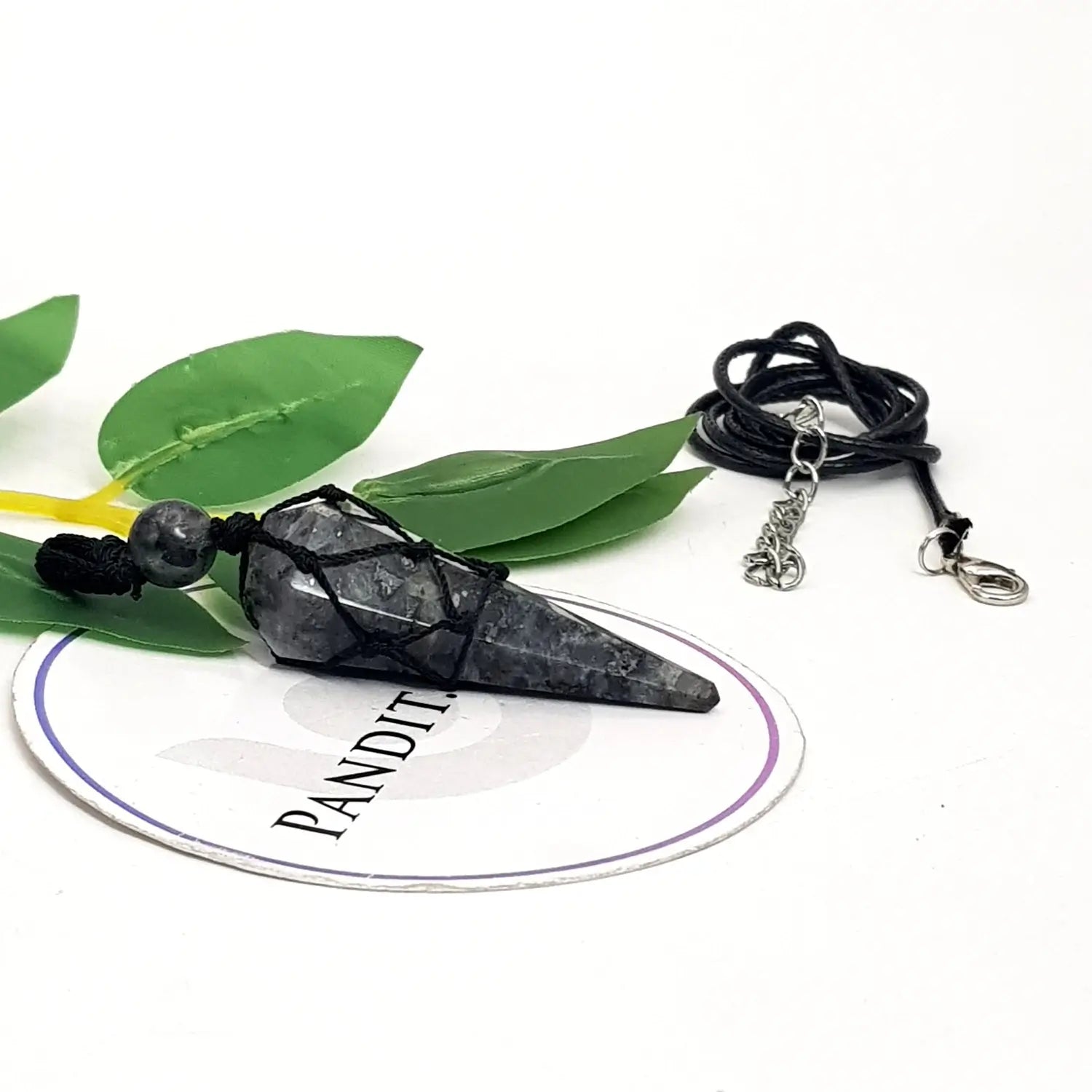 Larvikite Dowsing Pendulum — full pendulum with chain view
