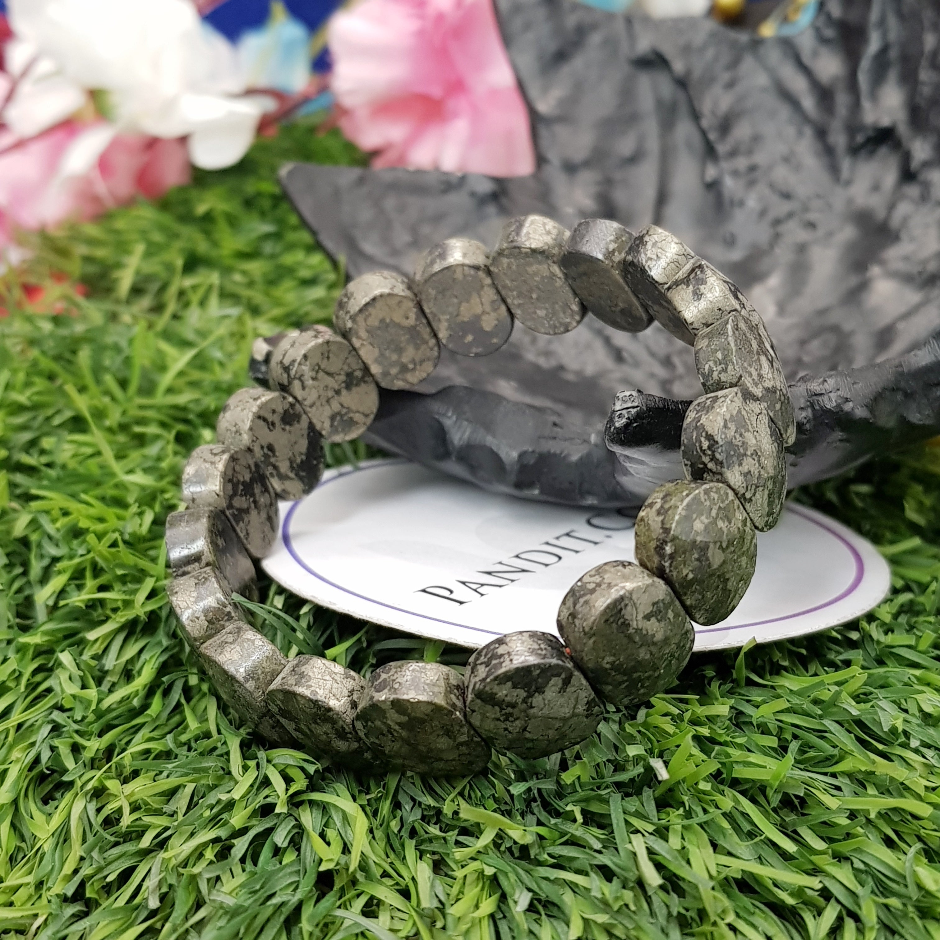 Pyrite Oval Faceted Bracelet — front view of bracelet showing beads and stringing