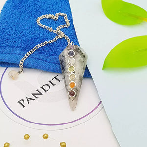 Rainbow Moonstone 7 Chakra Dowsing Pendulum — full pendulum with chain view