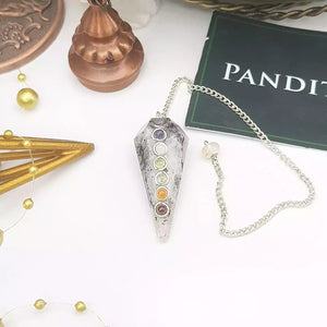Rainbow Moonstone 7 Chakra Dowsing Pendulum — close-up of crystal point and faceting