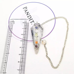 Rainbow Moonstone 7 Chakra Dowsing Pendulum — full pendulum with chain view
