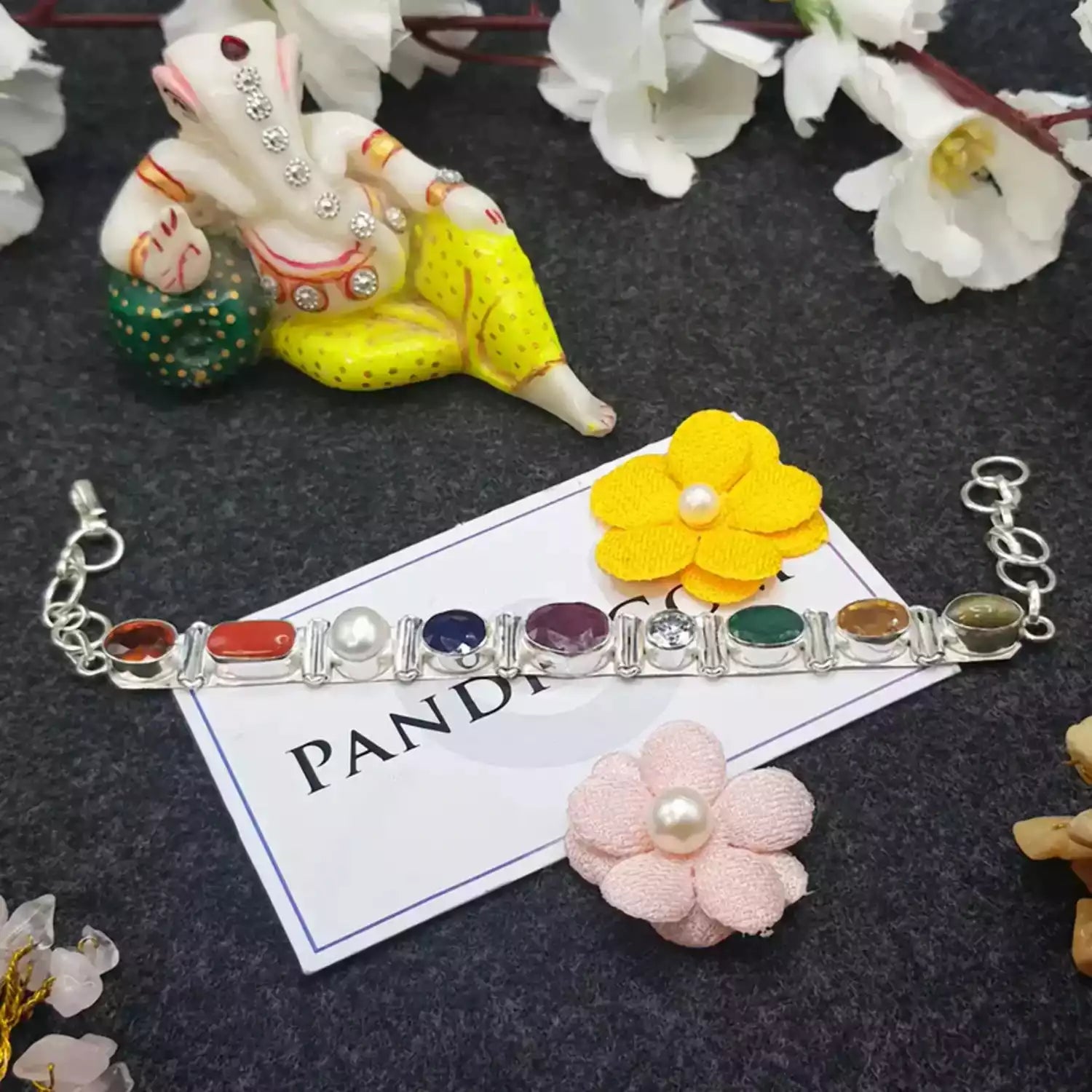 Real Navratna Gemstones Bracelet in Silver