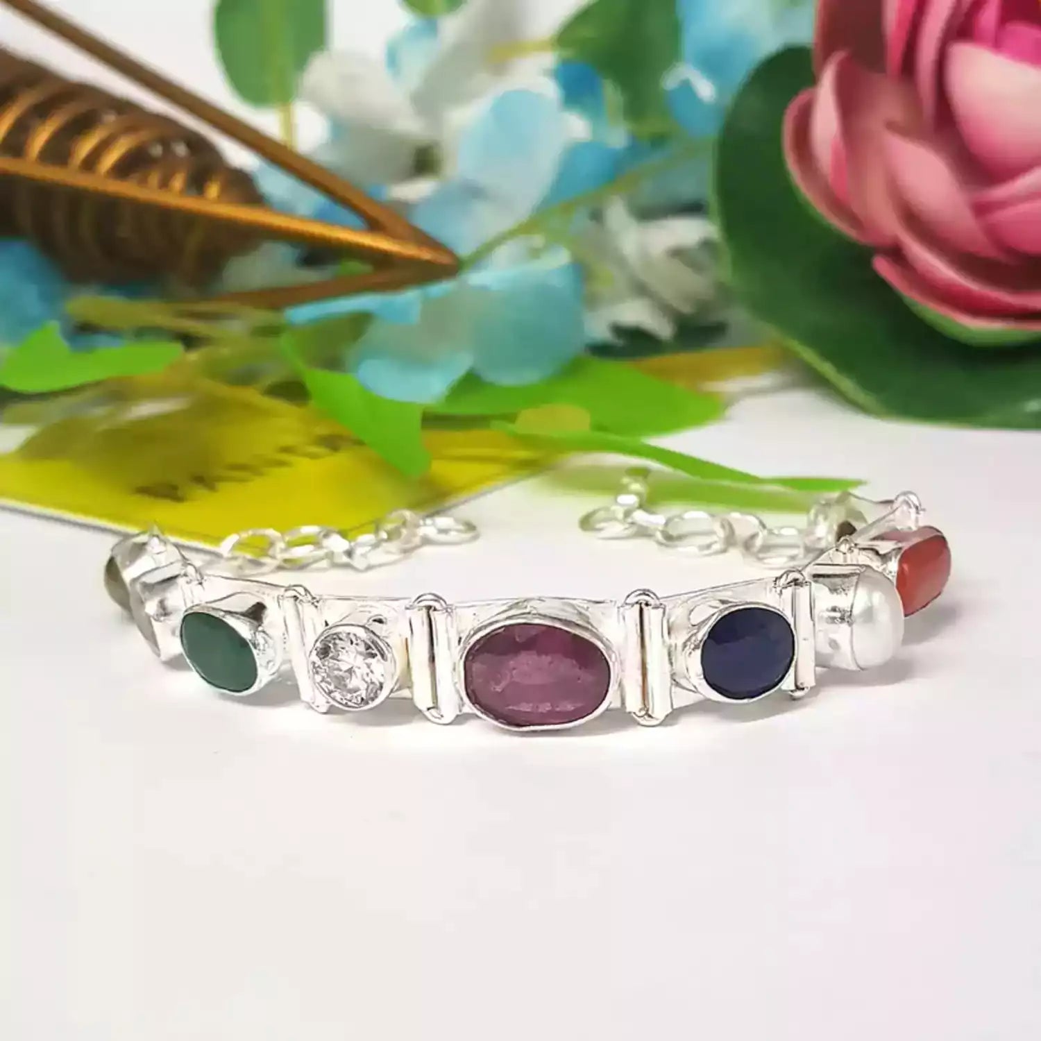 Real Navratna Gemstones Bracelet in Silver