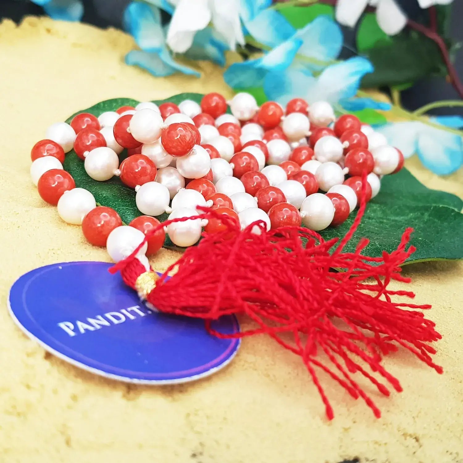 Red Coral and White Pearl Mala