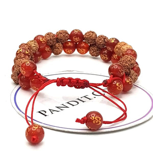 Red Onyx Om Bracelet With 5 Mukhi Rudraksha Beads — main bead view showing mukhi (faces)
