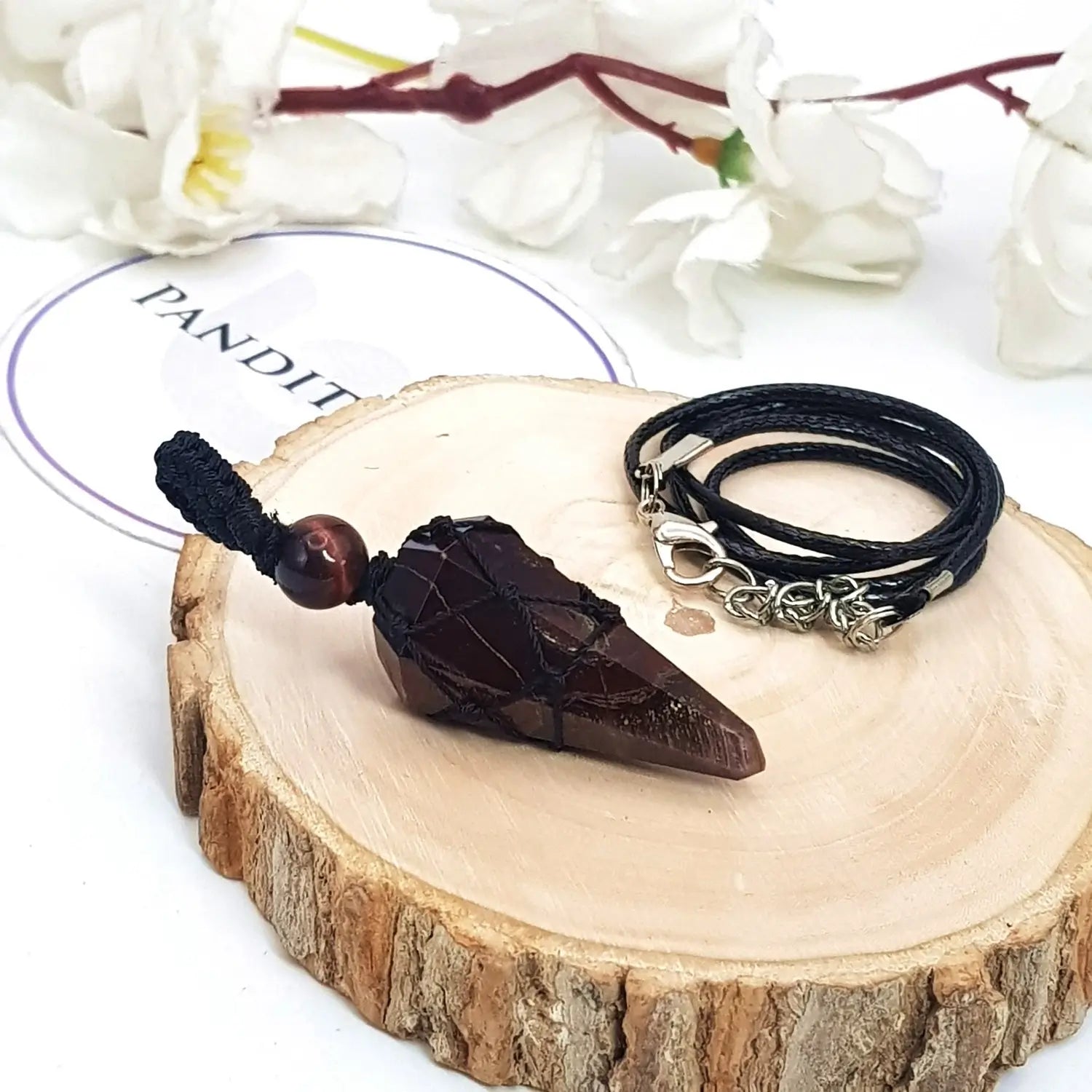 Red Tiger Dowsing Pendulum — full pendulum with chain view