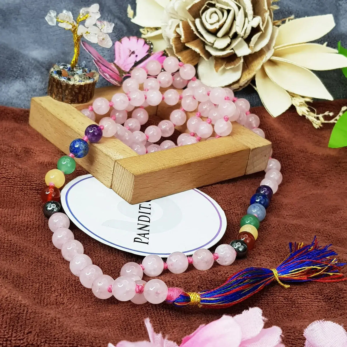 Rose Quartz 7 Chakra Mala — close-up of guru bead and meru detail
