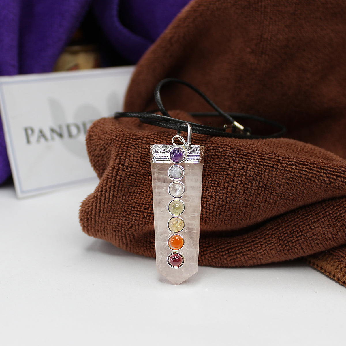 Rose Quartz 7 Chakra Pencil Pendant — main pendant view