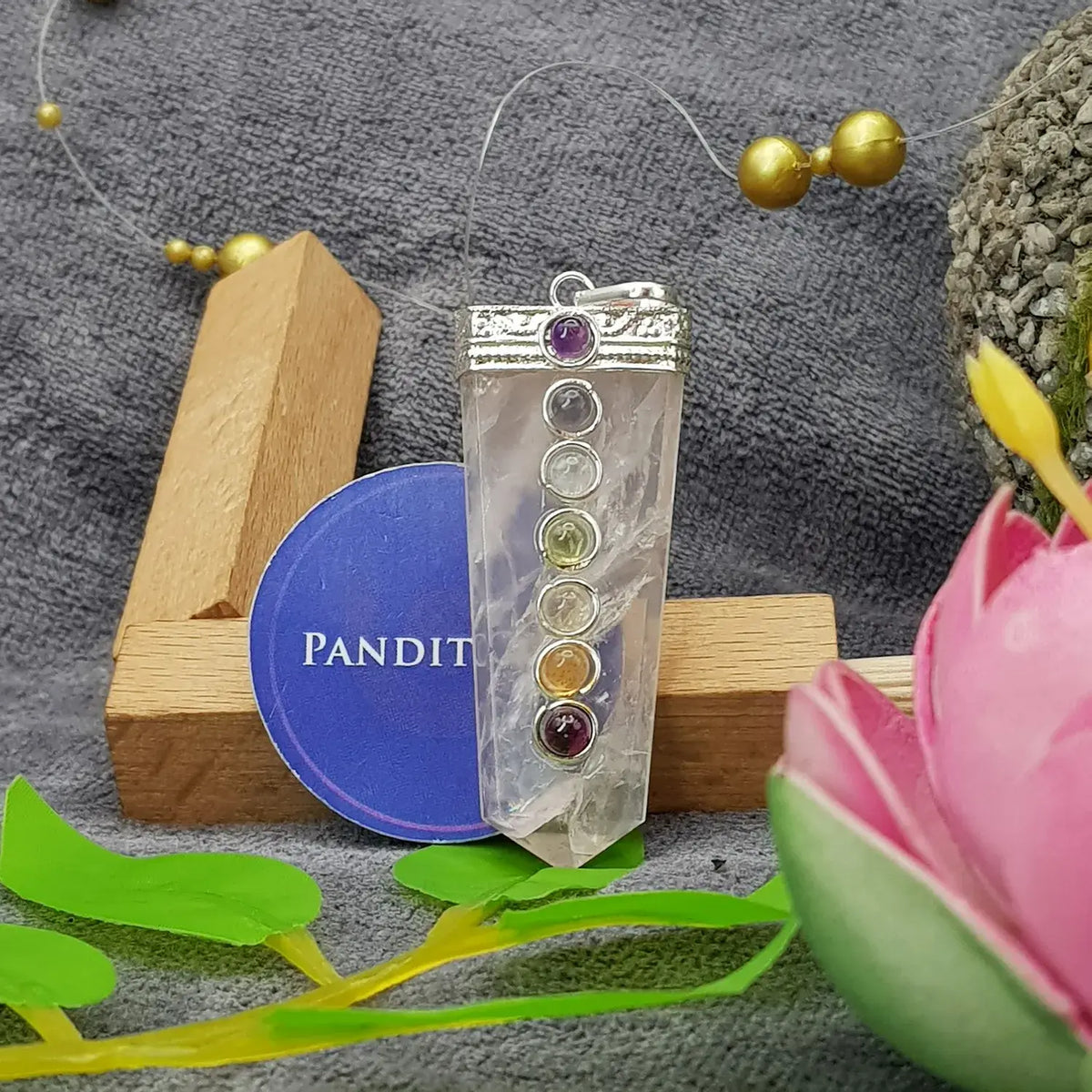 Rose Quartz 7 Chakra Pencil Pendant — close-up showing stone setting and detail