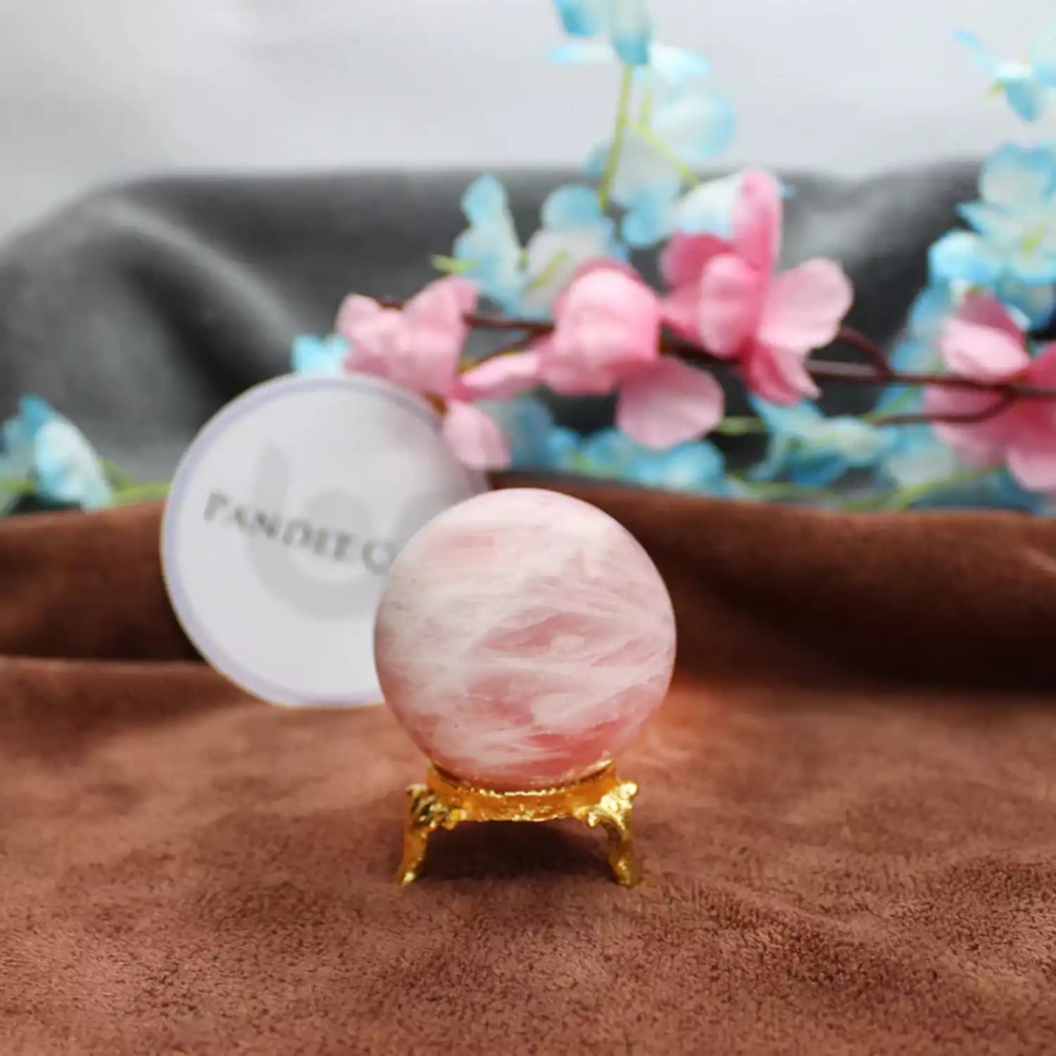 Rose Quartz Crystal Ball — full crystal ball view on stand