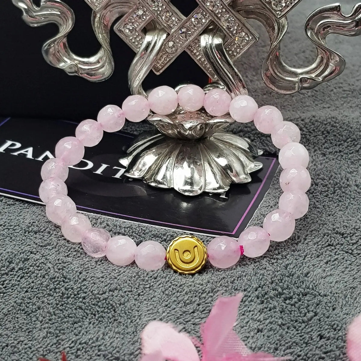 Rose Quartz Diamond Cut Bracelet — front view of bracelet showing beads and stringing