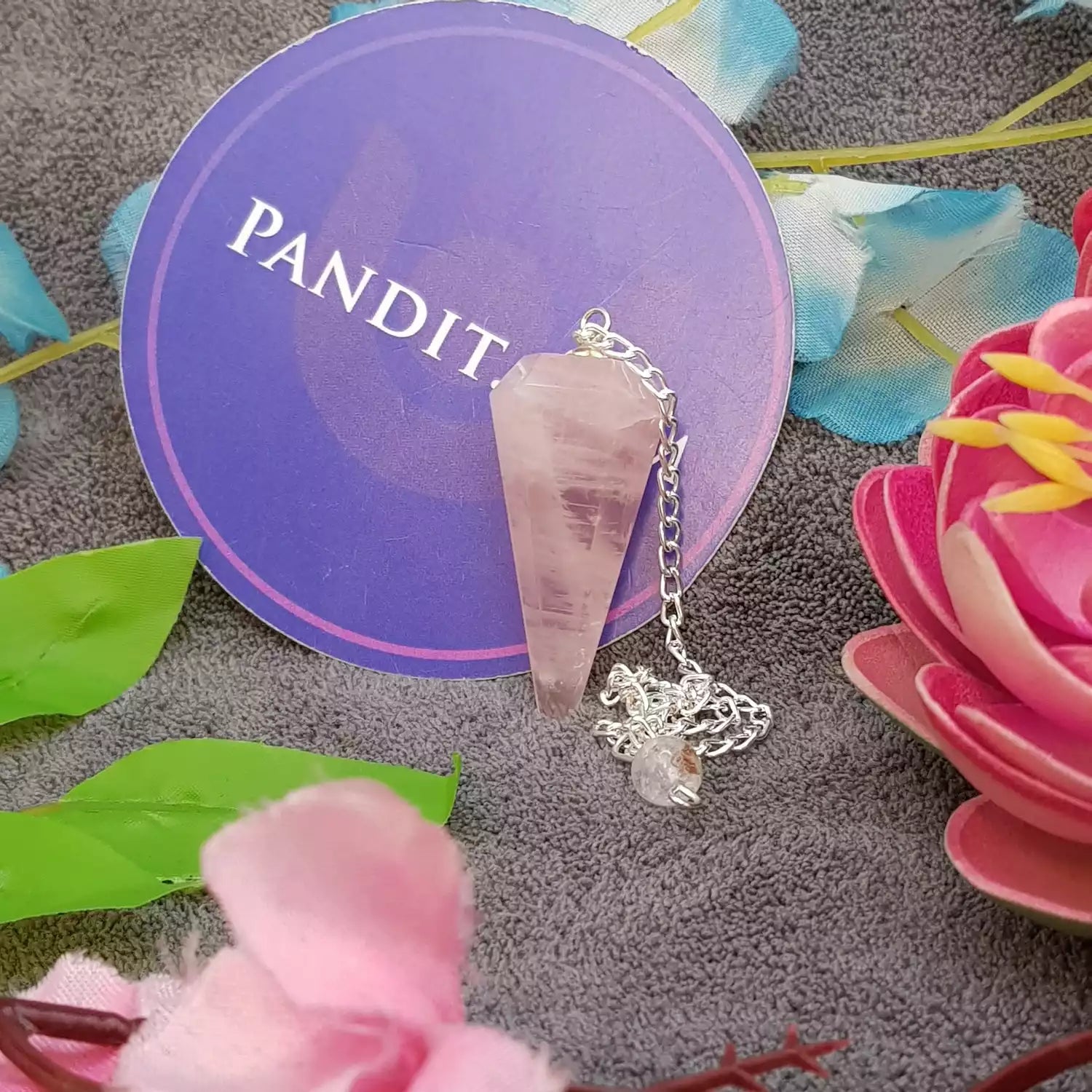 Rose Quartz Dowsing Pendulum — full pendulum with chain view