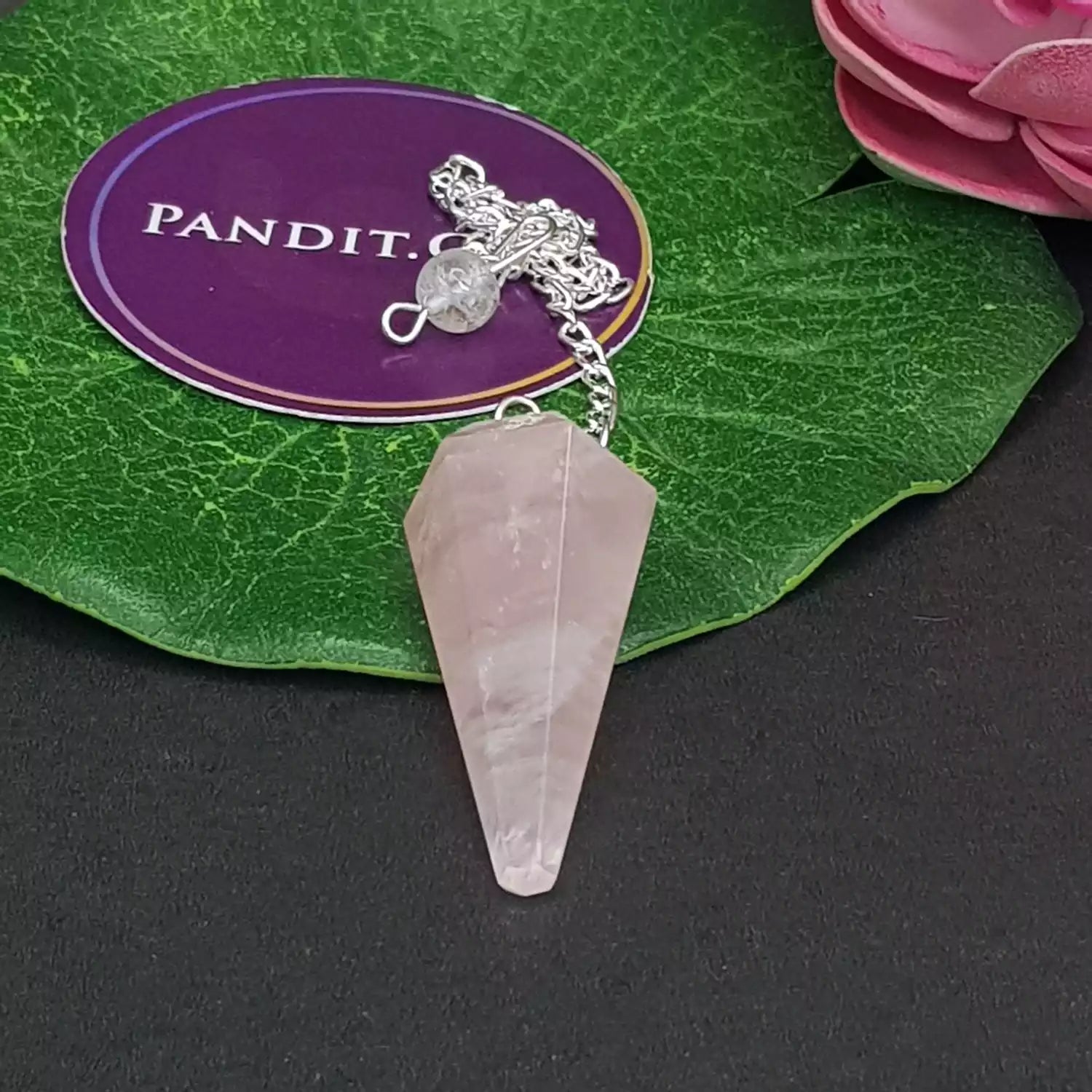 Rose Quartz Dowsing Pendulum — close-up of crystal point and faceting