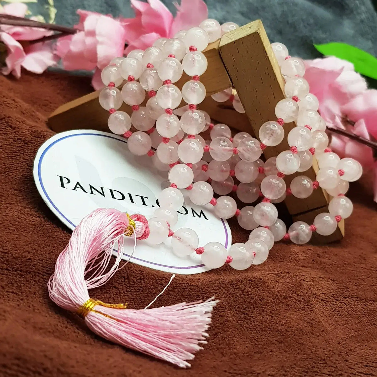 Rose Quartz Mala — close-up of guru bead and meru detail