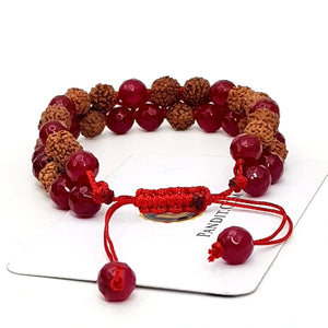 Ruby Jade Diamond Cut Bracelet With 5 Mukhi Rudraksha Beads