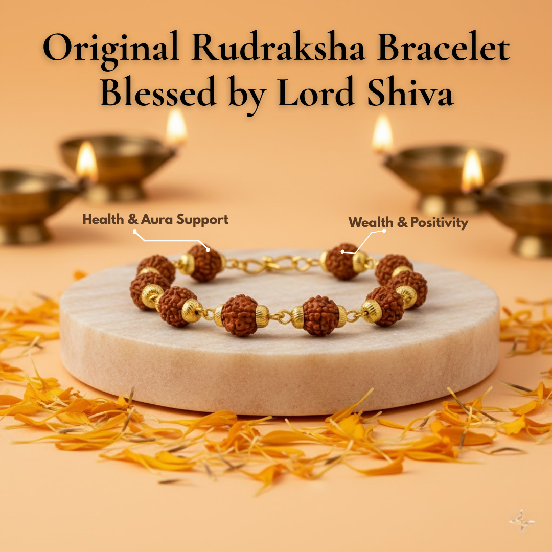 Rudraksha Bracelet with Brass Capping — main bead view showing mukhi (faces)