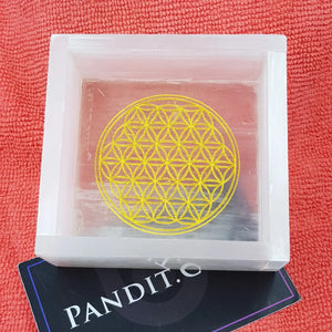 Selenite Flower of Life Square Charging Bowl